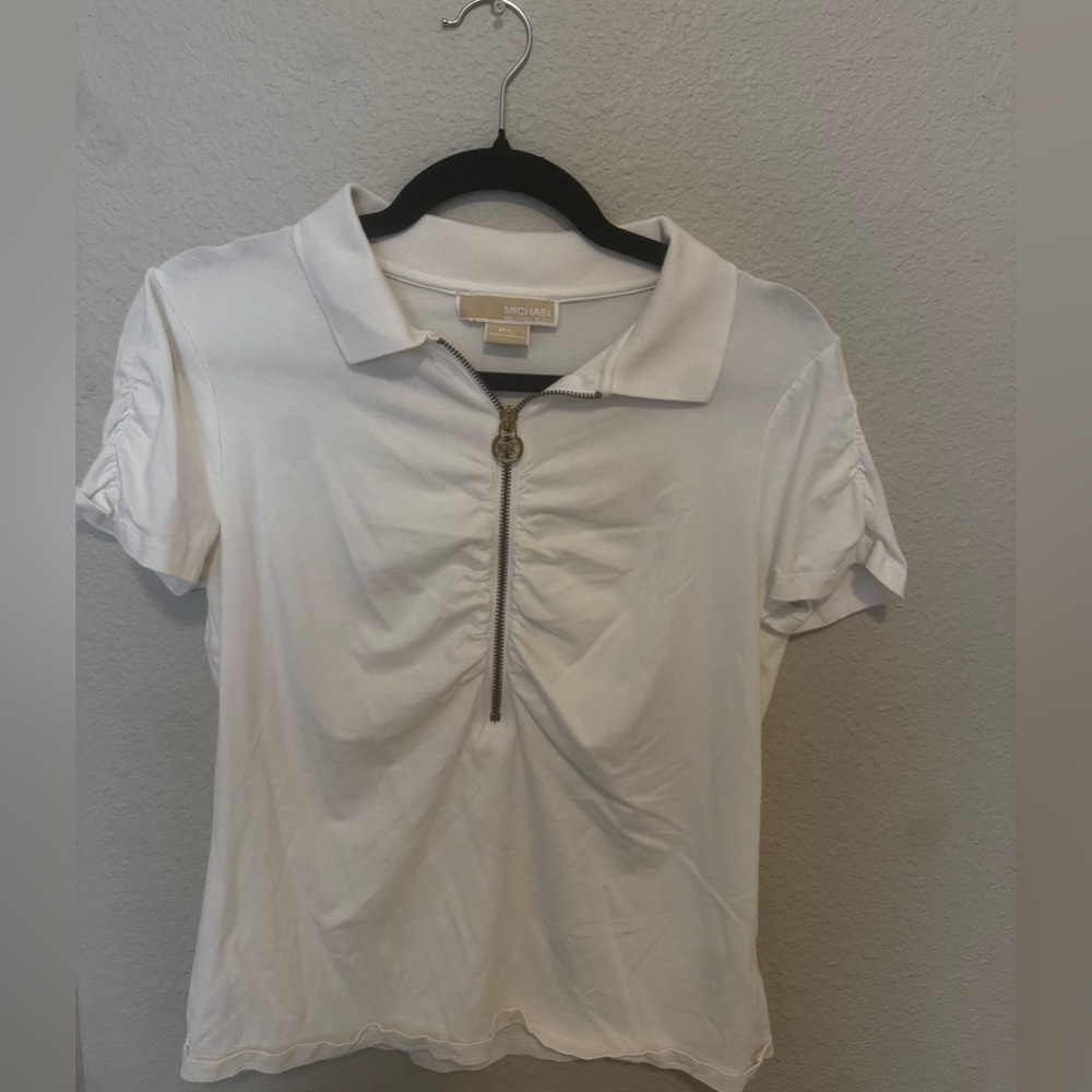 Michael Kors White Zip Collar Polo Top Petite Large
